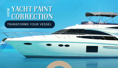 Luxury yacht with restored glossy finish illustrating professional yacht paint correction and paint restoration services.