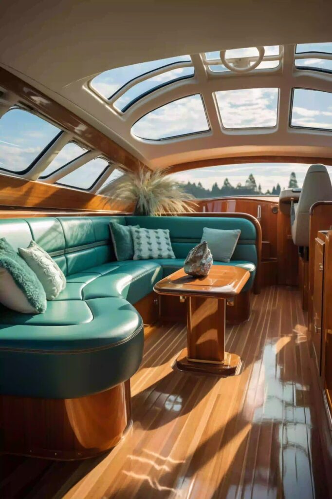 clean yacht interior with turquoise and white seating and detailed finish