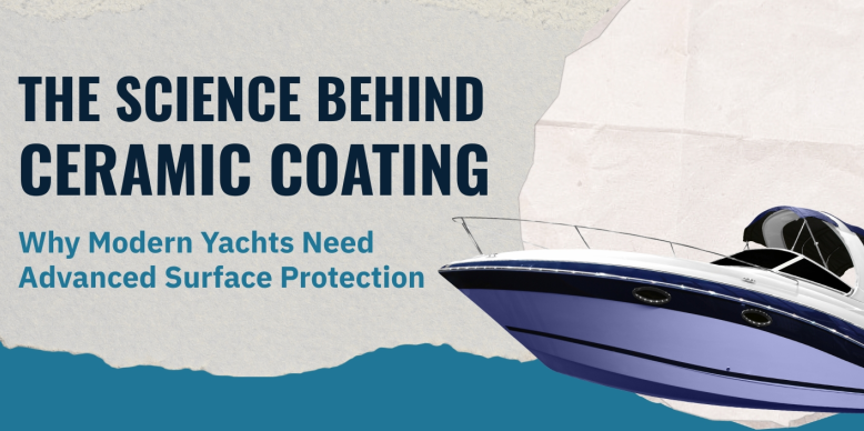 Yacht with ceramic coating showcasing high gloss surface protection against UV rays, saltwater, and marine contaminants.